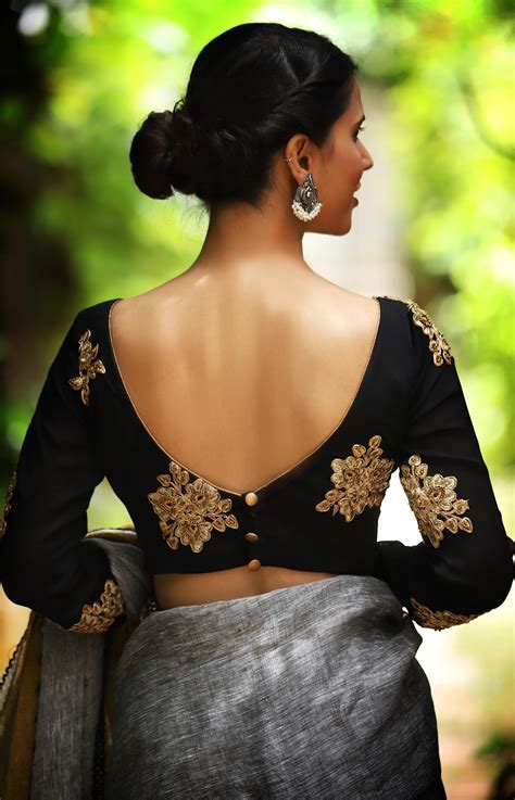 color blouse design|black saree with sleeveless blouse.